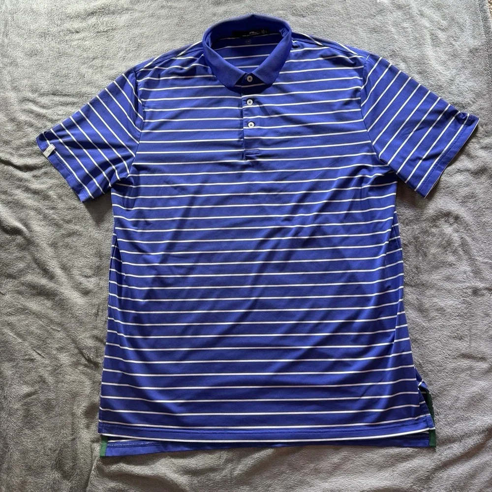RLX Polo Shirt Mens L Blue White Stripe Golf Performance Stretch Ralph Lauren‎